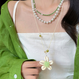Old Money Green Glass Pearl Flower Geometric Beaded Necklace For Women Summer Layering Jewelry