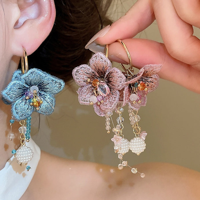 Bohemian Faux Crystal Knitted Flower Pearl Long Drop Earrings Vacation Style