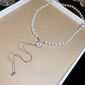 Light Luxury Faux Pearl Sweater Necklace With Rhinestone Flower Geometric Pendant view 2