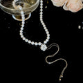 Light Luxury Faux Pearl Sweater Necklace With Rhinestone Flower Geometric Pendant view 4