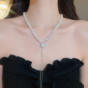 Light Luxury Faux Pearl Sweater Necklace With Rhinestone Flower Geometric Pendant