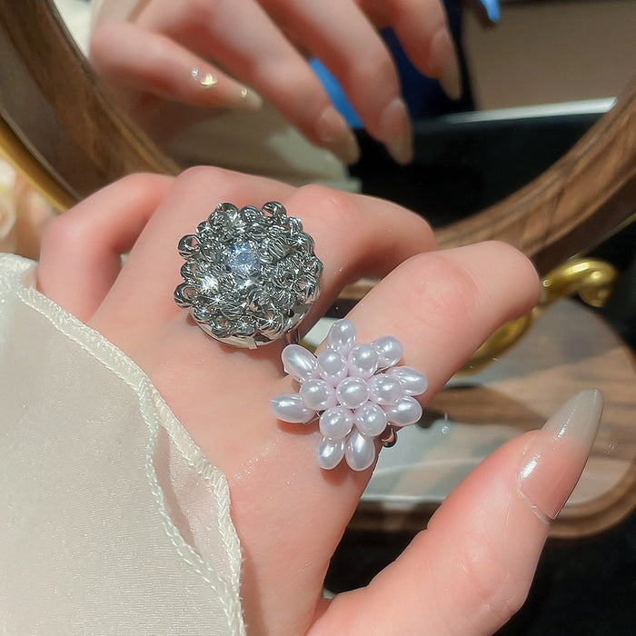 Hollow Round Flower Faux Pearl Ring For Women Light Luxury Fashion OL Index Finger Jewelry