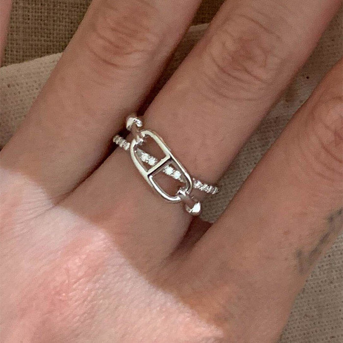 Silver Tone Copper Crossover Oval Geometric Ring for Women, Minimalist Light Luxury Index Finger Band