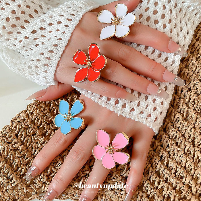 Alloy Enamel Flower Open Ring For Women, Trendy Style Adjustable Index Finger Jewelry