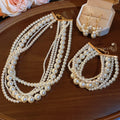 French Vintage Faux Pearl Beaded Earrings Necklace Bracelet Jewelry Set Old Money Geometric Style view 4