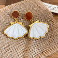 Resin Oval Shell Drop Earrings With Silver Needle Posts, Vintage OL Style Statement Jewelry view 2