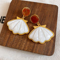 Resin Oval Shell Drop Earrings With Silver Needle Posts, Vintage OL Style Statement Jewelry view 4