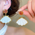 Resin Oval Shell Drop Earrings With Silver Needle Posts, Vintage OL Style Statement Jewelry view 1
