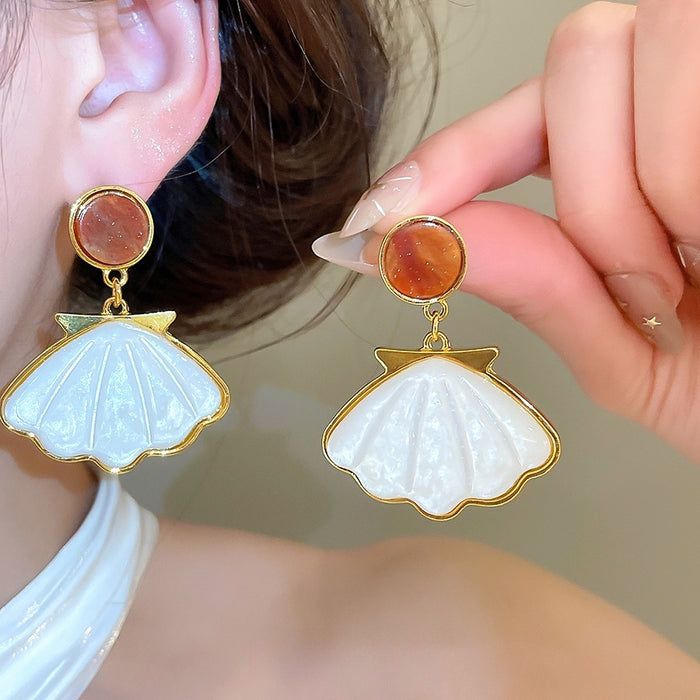 Resin Oval Shell Drop Earrings With Silver Needle Posts, Vintage OL Style Statement Jewelry