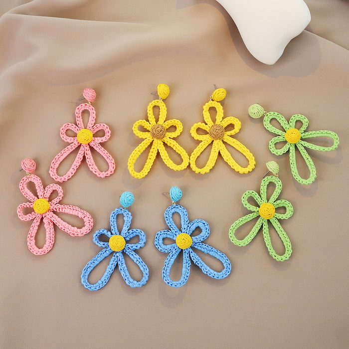 Bohemian Colorful Wax Cord Crochet Flower Dangle Beach Vacation Travel Photo Statement Earrings