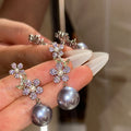 Light Luxury French Vintage Faux Pearl Zircon Flower Stud Earrings for Women view 3