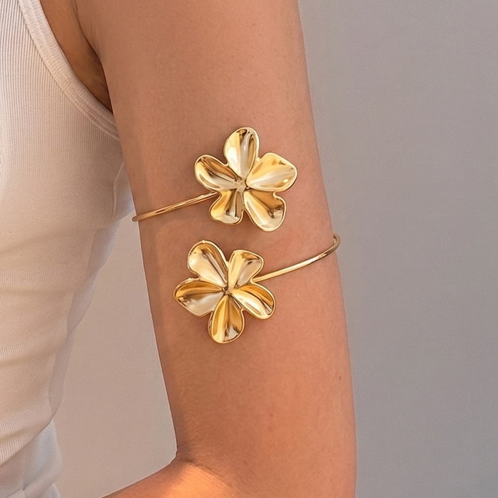 Gold Plated Double Layer Five Petal Flower Arm Cuff, 3D Open Upper Arm Bracelet For Beachwear