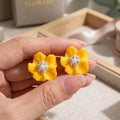 Elegant Yellow Enamel Flower Stud With Rhinestone Center Alloy Silver Needle Fashion Earrings view 3