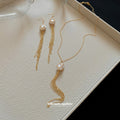 Old Money Iron Chain Tassel Pearl Necklace And Earrings Jewelry Set For Women view 4