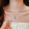 Light Luxury Double Layer Faux Pearl Necklace With Rhinestone Beaded Flower And Geometric Square Pendant view 2