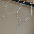 Light Luxury Double Layer Faux Pearl Necklace With Rhinestone Beaded Flower And Geometric Square Pendant view 3
