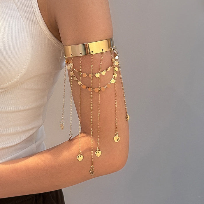 Gold Plated Wide Heart Open Upper Arm Cuff Smooth Tassel Romantic Arm Chain Bracelet