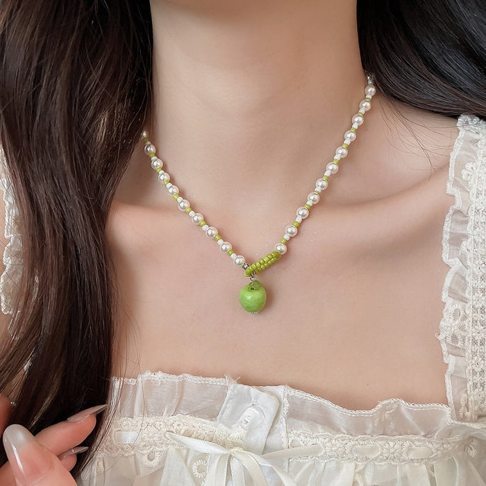 2026 New Beaded Apple Faux Pearl Necklace Fresh Pastoral Style Creative Clavicle Chain Jewelry