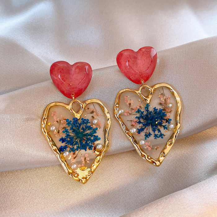 Resin Heart Flower Stud Earrings With Silver Posts Vacation Statement Light Luxury Jewelry