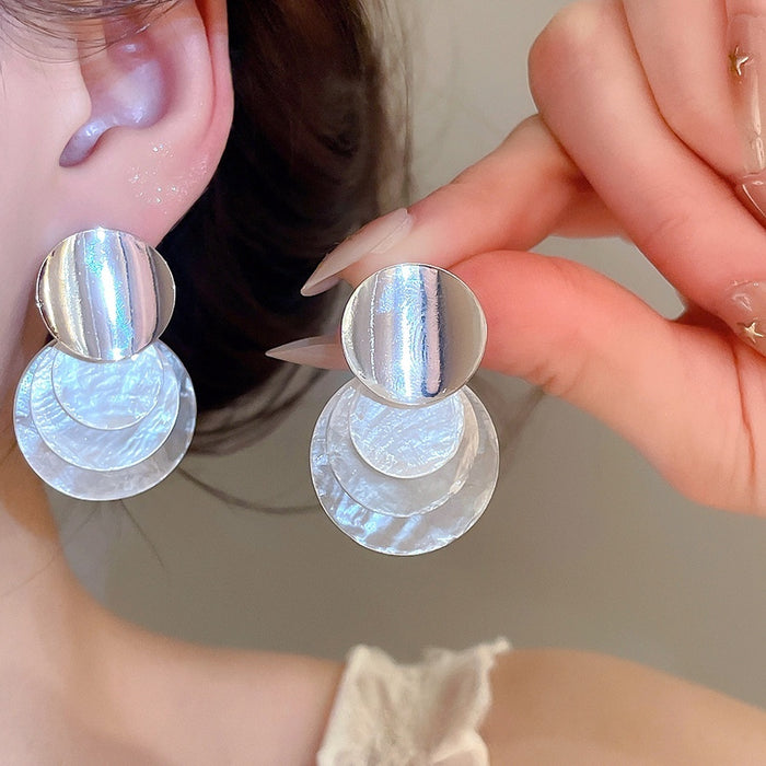 Modern Korean Round Shell Alloy Stud Earrings With Silver Posts Minimalist Geometric Jewelry