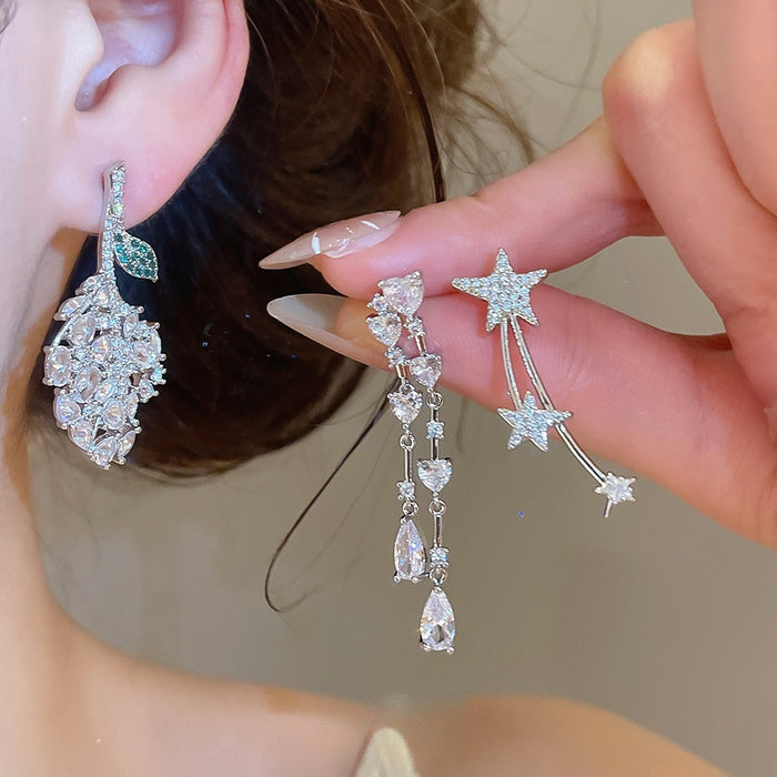 Luxury Star Stud Earrings Copper With Silver Pins Sparkling Zircon Elegant Light Luxury Jewelry