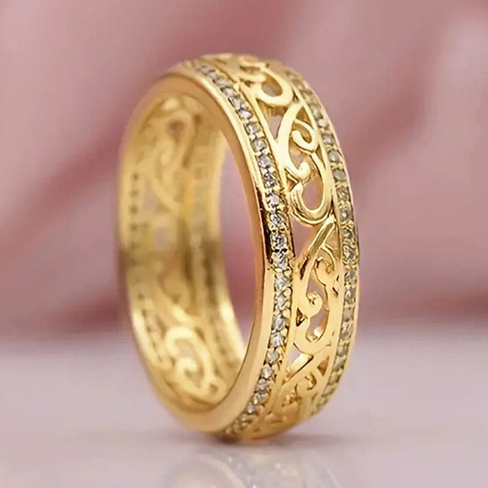 French Electroplated Metal Ring With Double Row Zircon And Hollow Auspicious Cloud Design