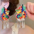 Chinese Style Embroidered Fabric Dragon Clip-on Earrings, Iron No-Piercing Ethnic Animal Jewelry view 1