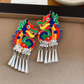 Chinese Style Embroidered Fabric Dragon Clip-on Earrings, Iron No-Piercing Ethnic Animal Jewelry view 4