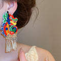 Chinese Style Embroidered Fabric Dragon Clip-on Earrings, Iron No-Piercing Ethnic Animal Jewelry view 3