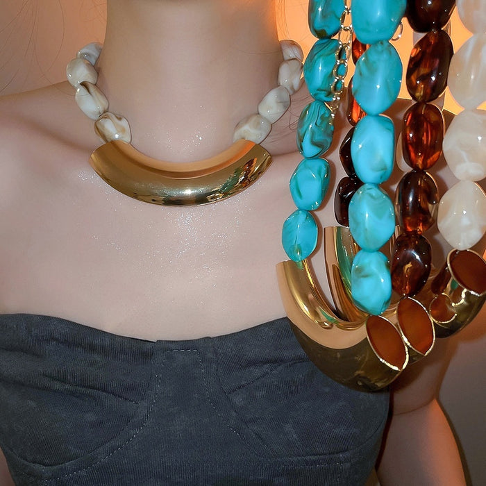 2026 New Acrylic Beaded Metal Irregular Geometric Statement Clavicle Necklace Old Money Style