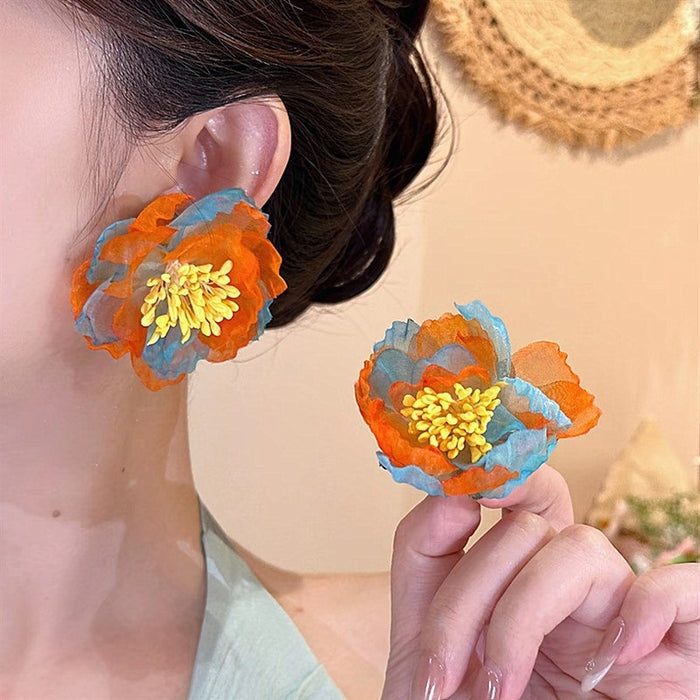 Chiffon Flower Stud Earrings With Silver Posts Island Vacation Statement Fabric Earrings