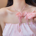 Vacation Style Fabric Flower Crystal Tassel Stud Earrings Necklace Jewelry Set view 1