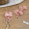 Vacation Style Fabric Flower Crystal Tassel Stud Earrings Necklace Jewelry Set view 4