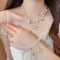 Faux Pearl Beaded Shell Starfish Jewelry Set With Necklace Bracelet Earrings For Sweet Resort Style view 1
