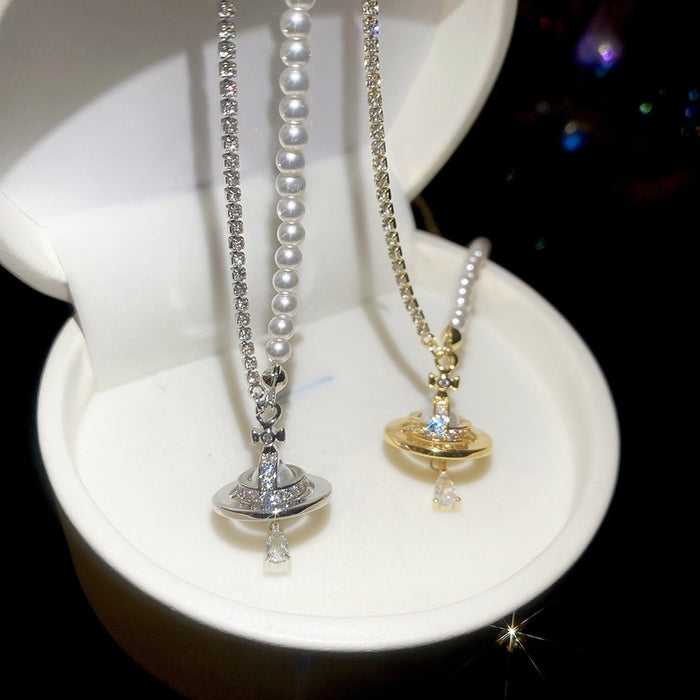 Old Money Style Asymmetric Saturn Star Zircon Faux Pearl Clavicle Necklace For Women