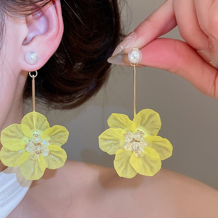 Artificial Crystal Flower Stud Earrings Sweet Summer Beach Vacation Elegant Style