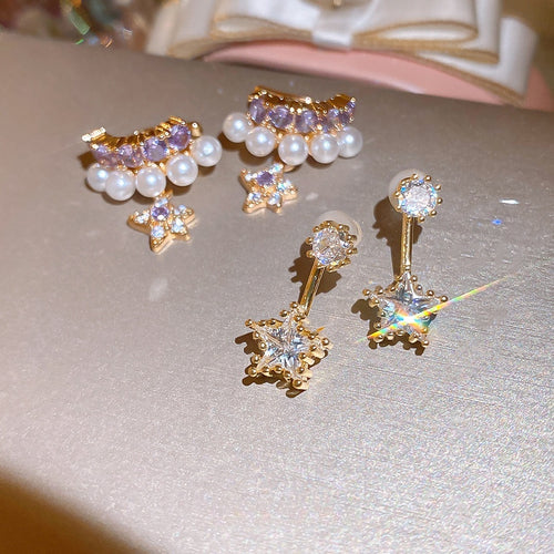 Copper Zircon Star Jewelry Set With Stud Earrings And No-Pierce Ear Cartilage Clips