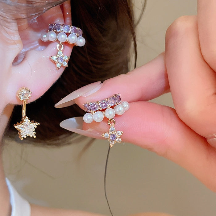 Copper Zircon Star Jewelry Set With Stud Earrings And No-Pierce Ear Cartilage Clips