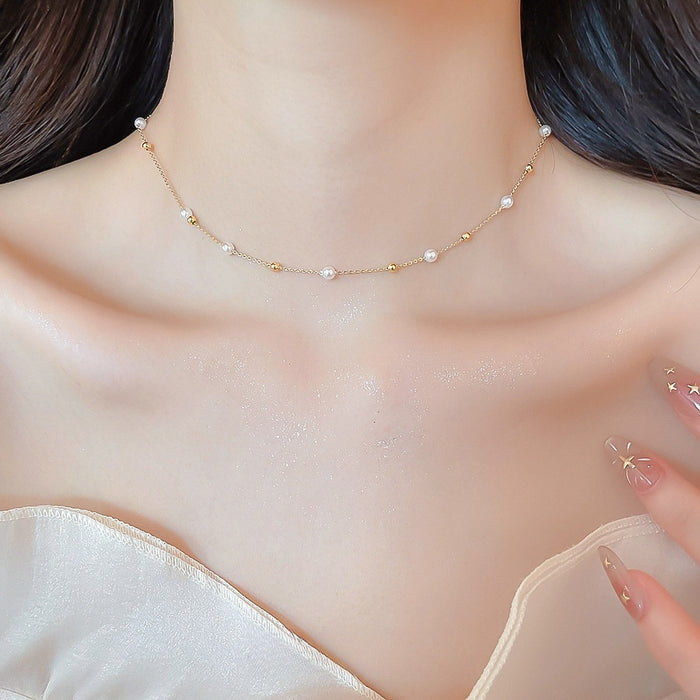 French Vintage Metal Round Beaded Faux Pearl Necklace Old Money Geometric Collarbone Jewelry