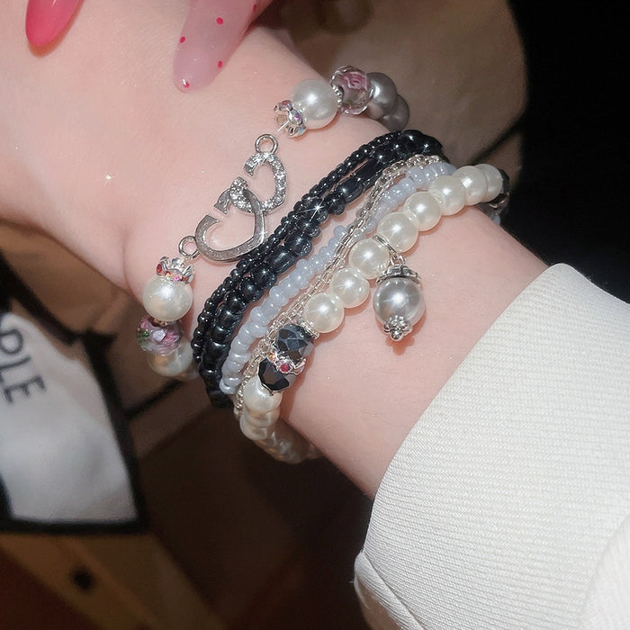 Bohemian Multi-Layer Faux Pearl Geometric Circle Bangle Bracelet, Ethnic Style For Women