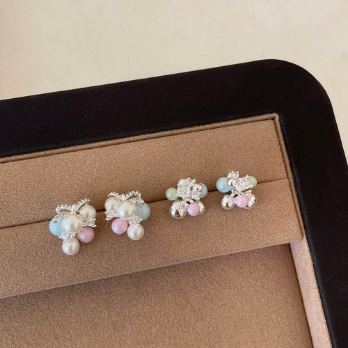Colorful Faux Pearl Bow Grape Stud Earrings For Women Elegant Geometric Round Jewelry