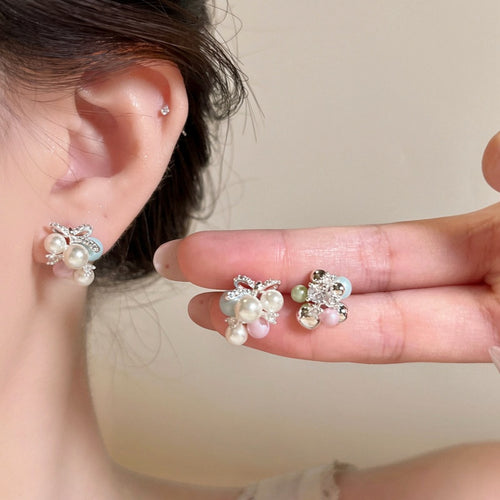 Colorful Faux Pearl Bow Grape Stud Earrings For Women Elegant Geometric Round Jewelry