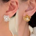 18K Gold Plated Zircon Flower Faux Pearl Clip-on Earrings For Women Light Luxury Floral Jewelry view 2