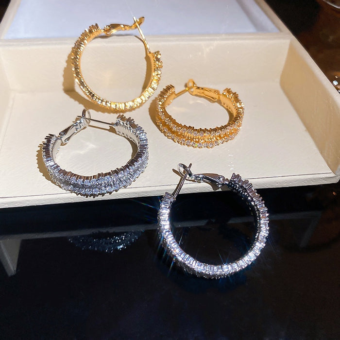 Luxury Zircon C-Shaped Copper Hoop Earrings Korean Style Geometric Round Daily Jewelry