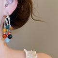 New Chinese Style Geometric Round Agate Beaded Tassel Drop Earrings With Silver Pins view 3