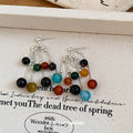 New Chinese Style Geometric Round Agate Beaded Tassel Drop Earrings With Silver Pins view 4