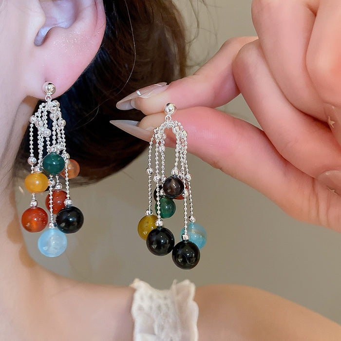 New Chinese Style Geometric Round Agate Beaded Tassel Drop Earrings With Silver Pins