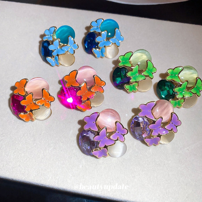 Vintage Purple Enamel Butterfly Alloy Stud Earrings, Sweet Spring Summer Niche Design