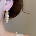 French Vintage Faux Pearl Hoop Earrings With Rhinestone Flower C Shape Pendant Elegant Ear Jewelry view 3