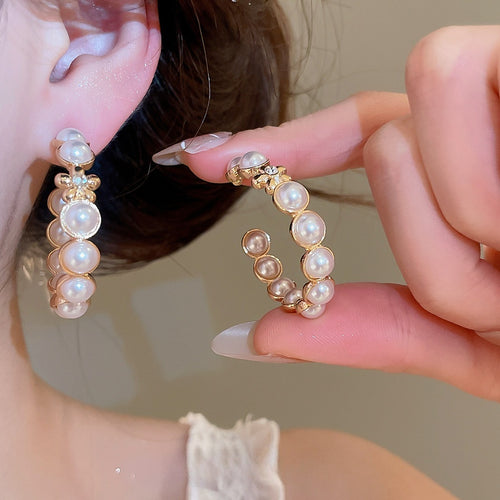 French Vintage Faux Pearl Hoop Earrings With Rhinestone Flower C Shape Pendant Elegant Ear Jewelry
